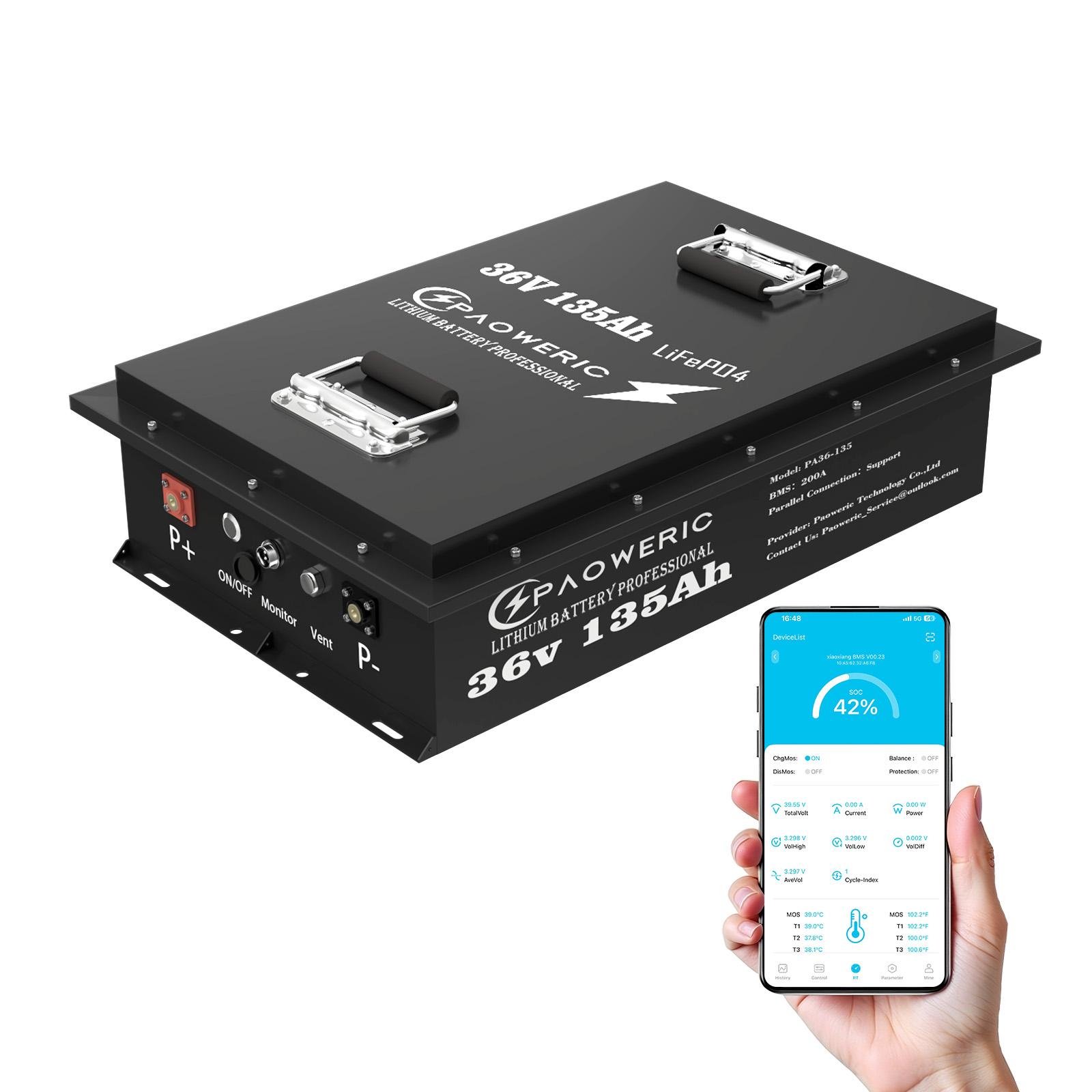 Smart Energy Monitor - PAOWERIC 36V 135Ah Bluetooth LiFePO4 Lithium